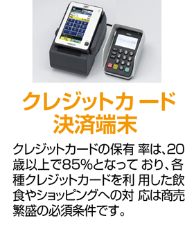 クレジットカード決済端末 クレジットカードの保有率は、20歳以上で85％となっており、各種クレジットカードを利用した飲食やショッピングへの対応は商売繁盛の必須条件です。