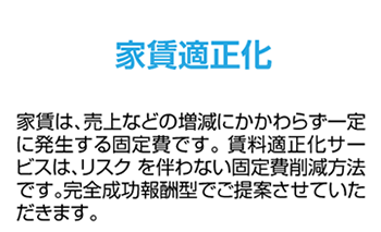 家賃適正化 家賃は、売上などの増減にかかわらず一定に発生する固定費です。 賃料適正化サービスは、リスクを伴わない固定費削減方法です。完全成功報酬型でご提案させていただきます。